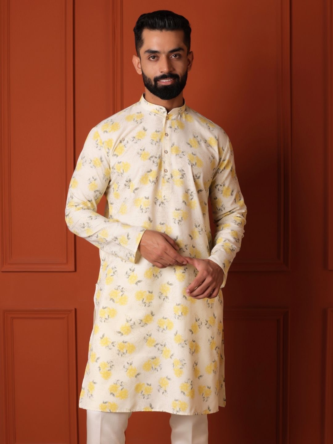 White Floral Printed Cotton Straight Kurta