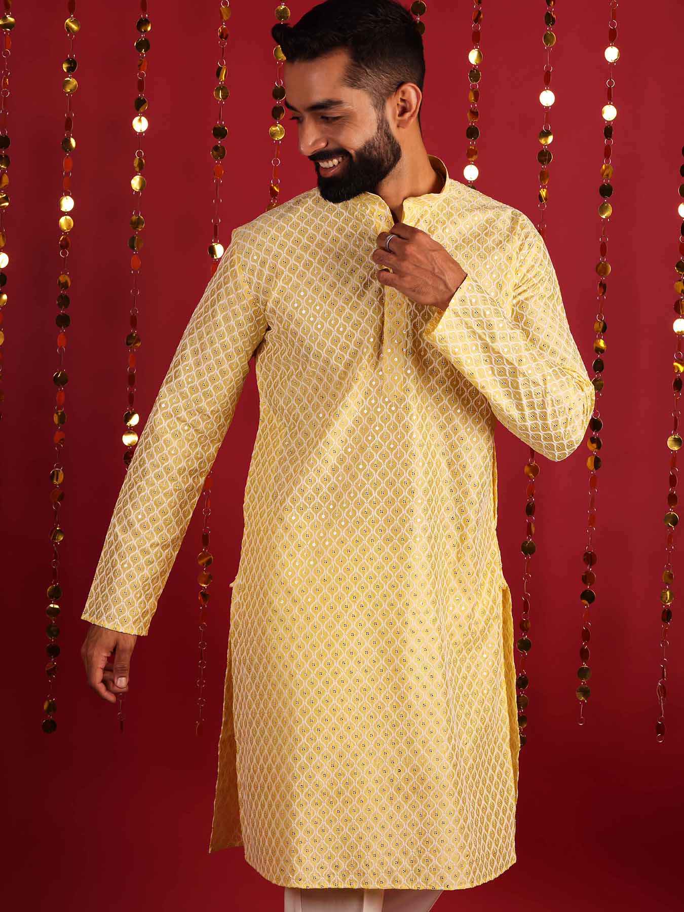 Yellow Ethnic Motifs Embroidered Mirror Work Cotton Kurta