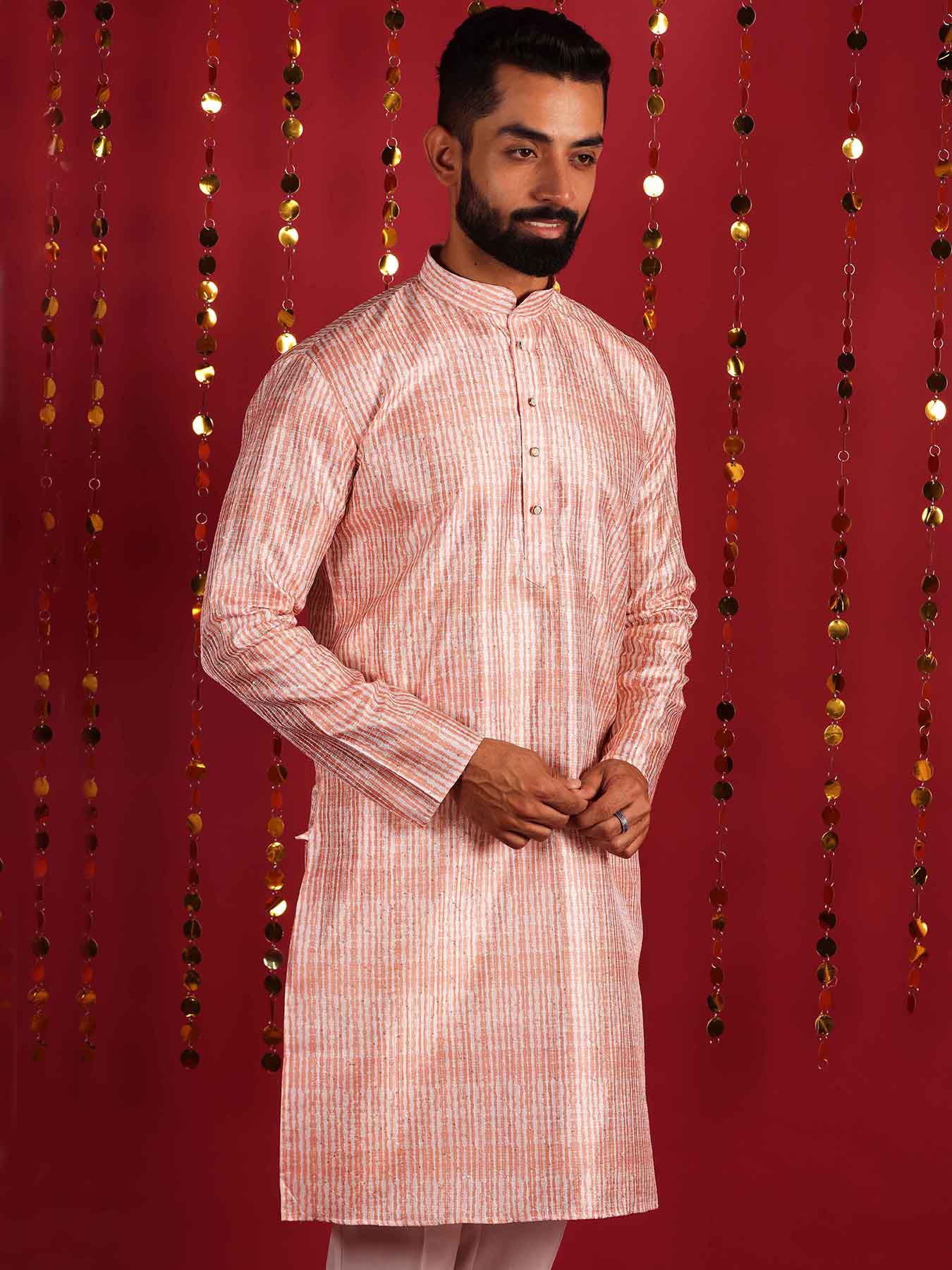 Woven Design Mandarin Collar Regular Silk Kurta