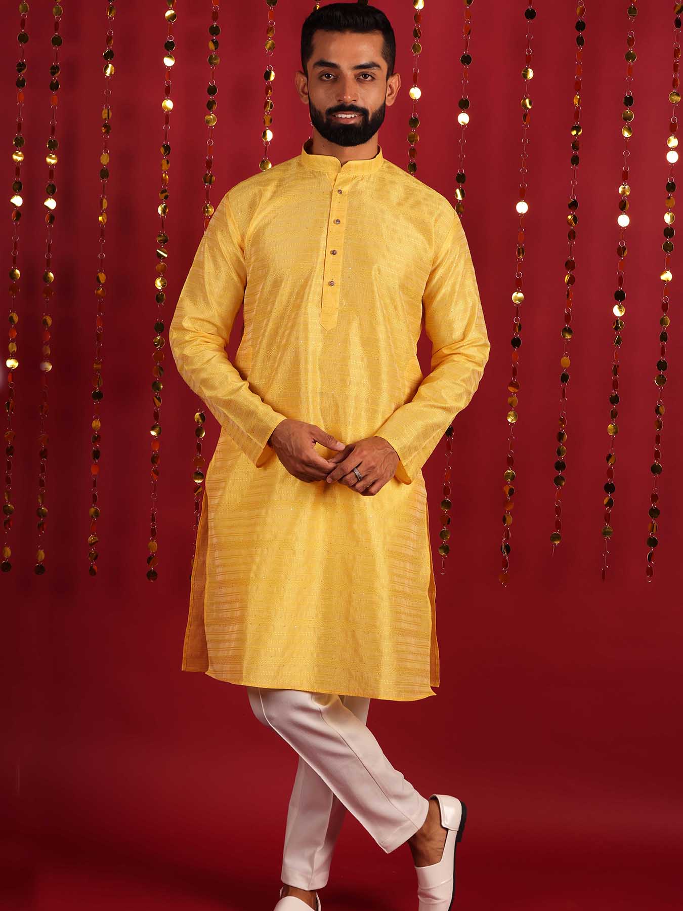 Yellow Woven Design Mandarin Collar Silk Straight Kurta