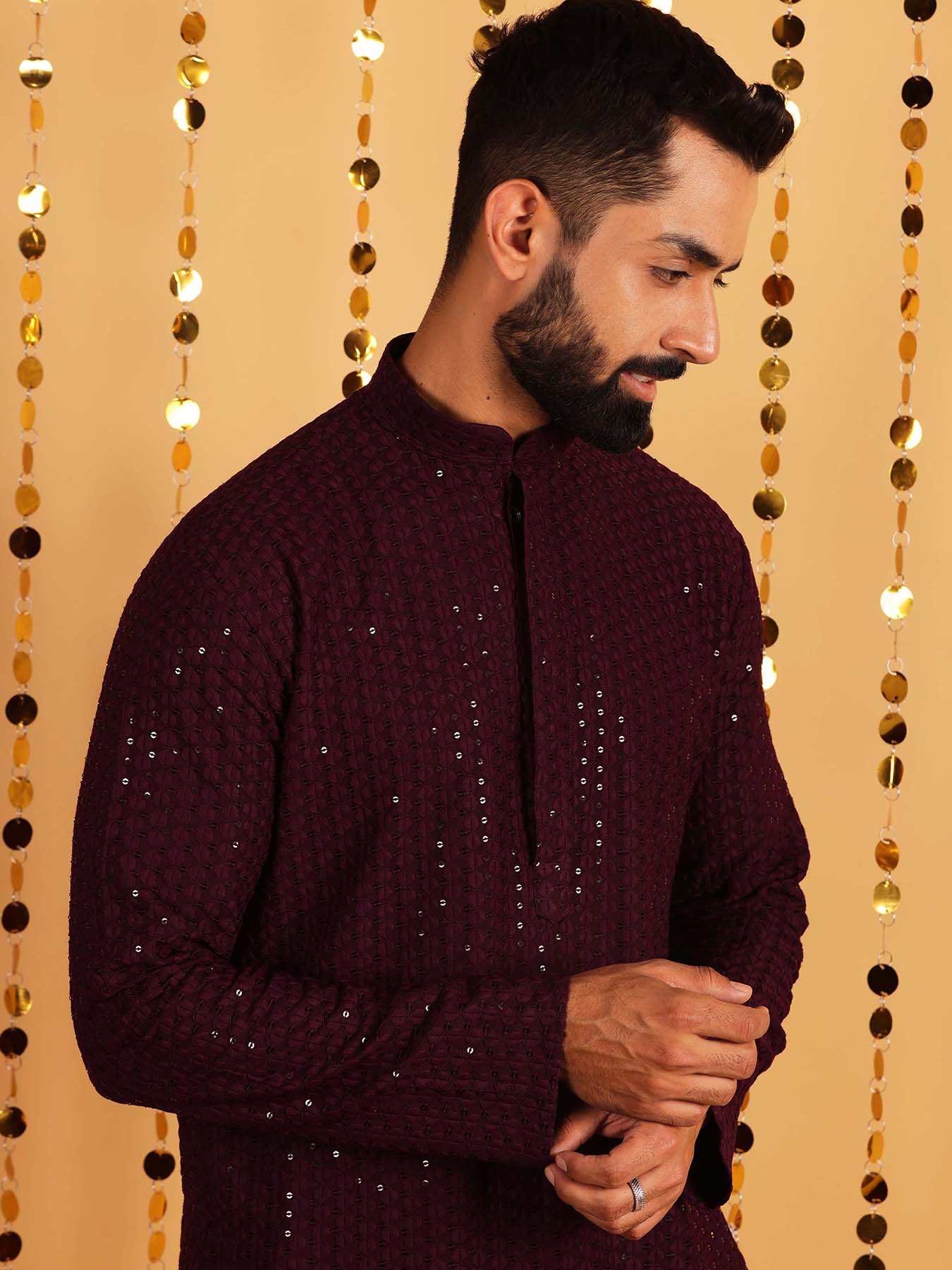 Men Wine Ethnic Motifs Thread Work Cotton Kurta