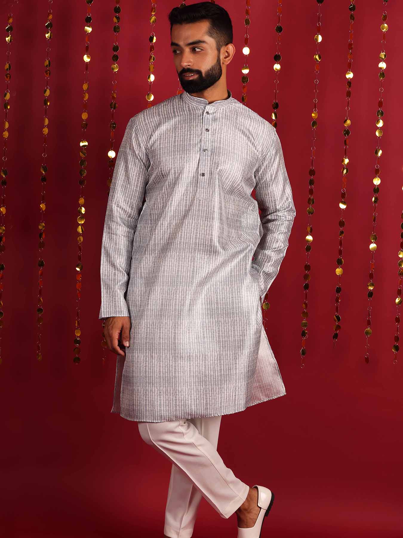 Men Grey Geometric Mirror Work Sillk Cotton Kurta