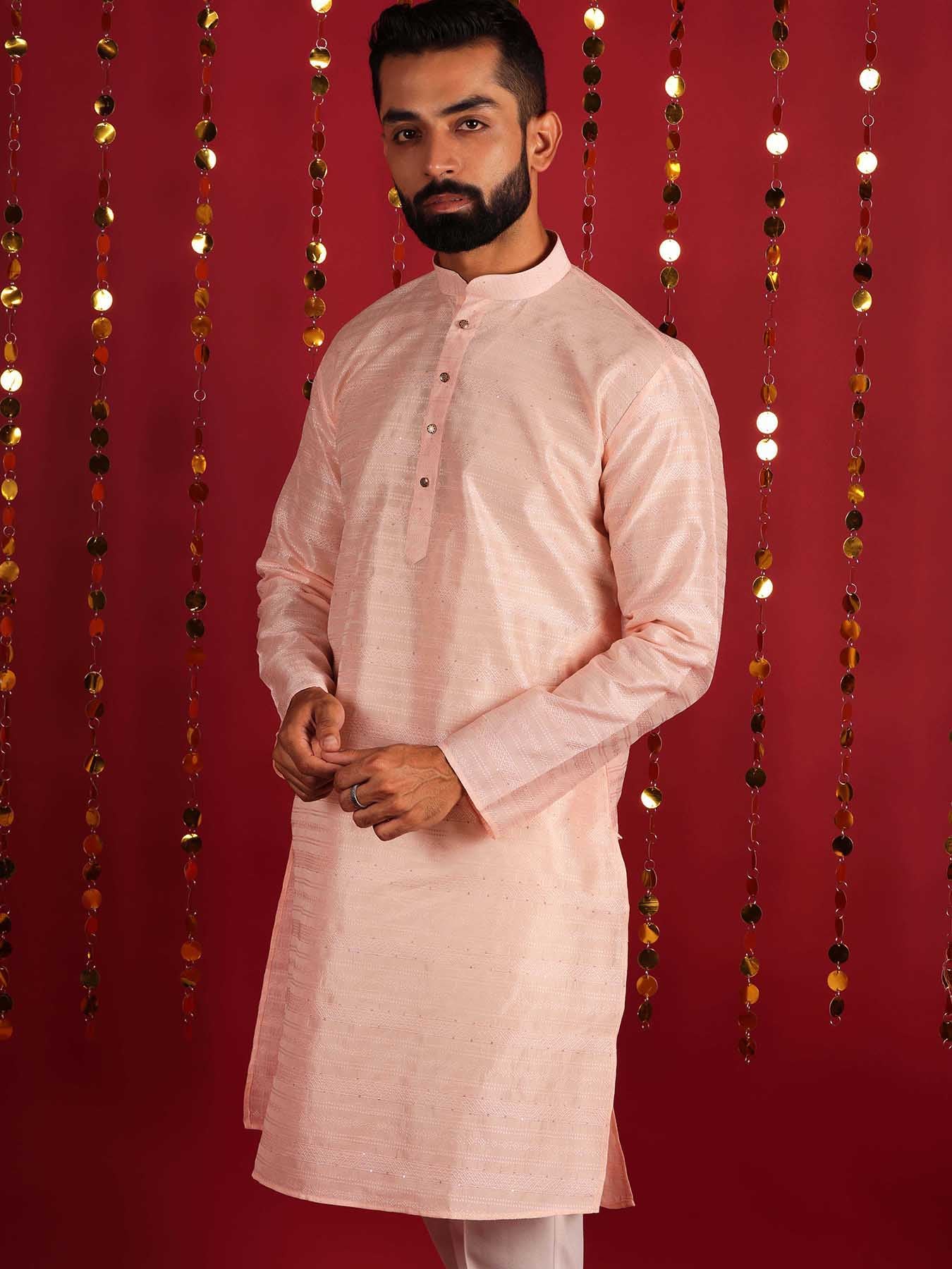 Men Light Peach Dupion Silk Mirror Work Straight Kurta