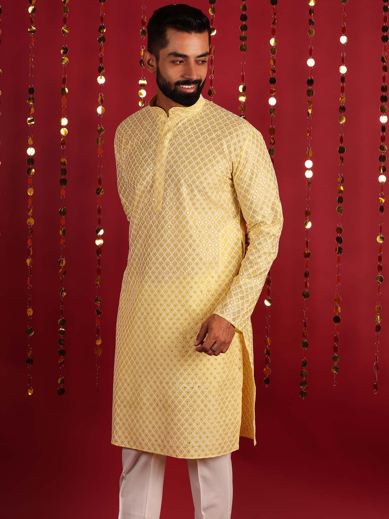 Yellow Ethnic Motifs Embroidered Mirror Work Cotton Kurta