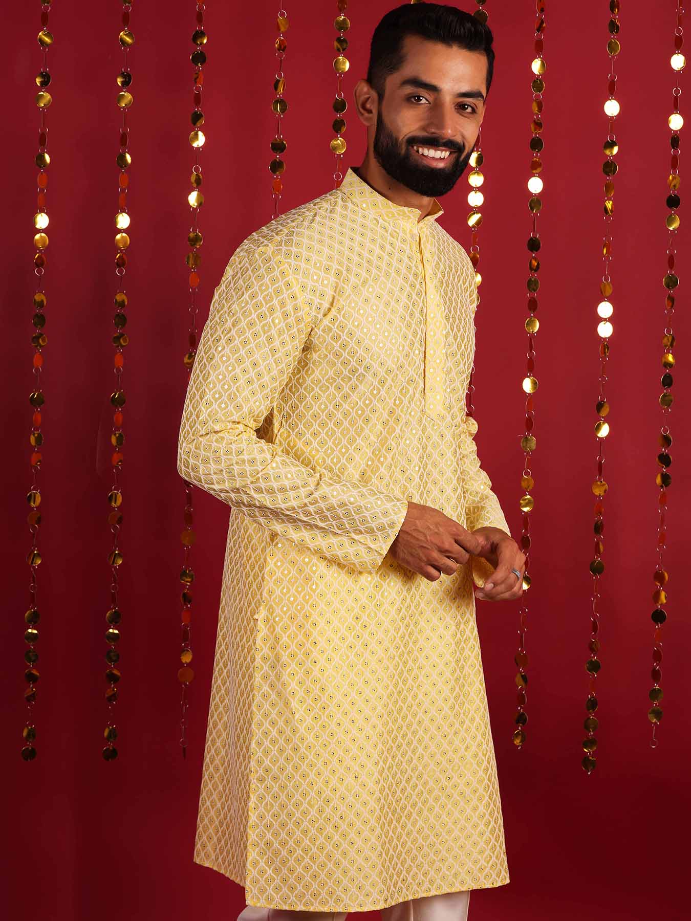 Yellow Ethnic Motifs Embroidered Mirror Work Cotton Kurta