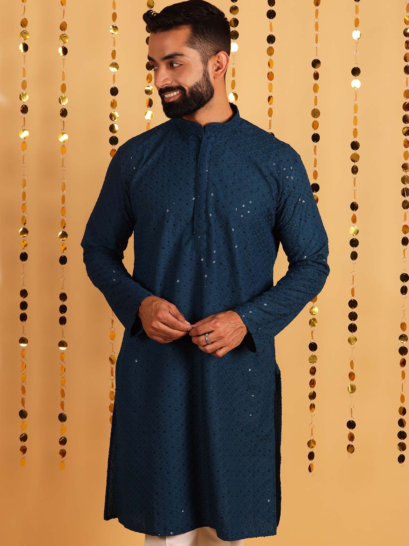 Men Teal Blue Ethnic Motif Embroidered Pure Cotton Kurta