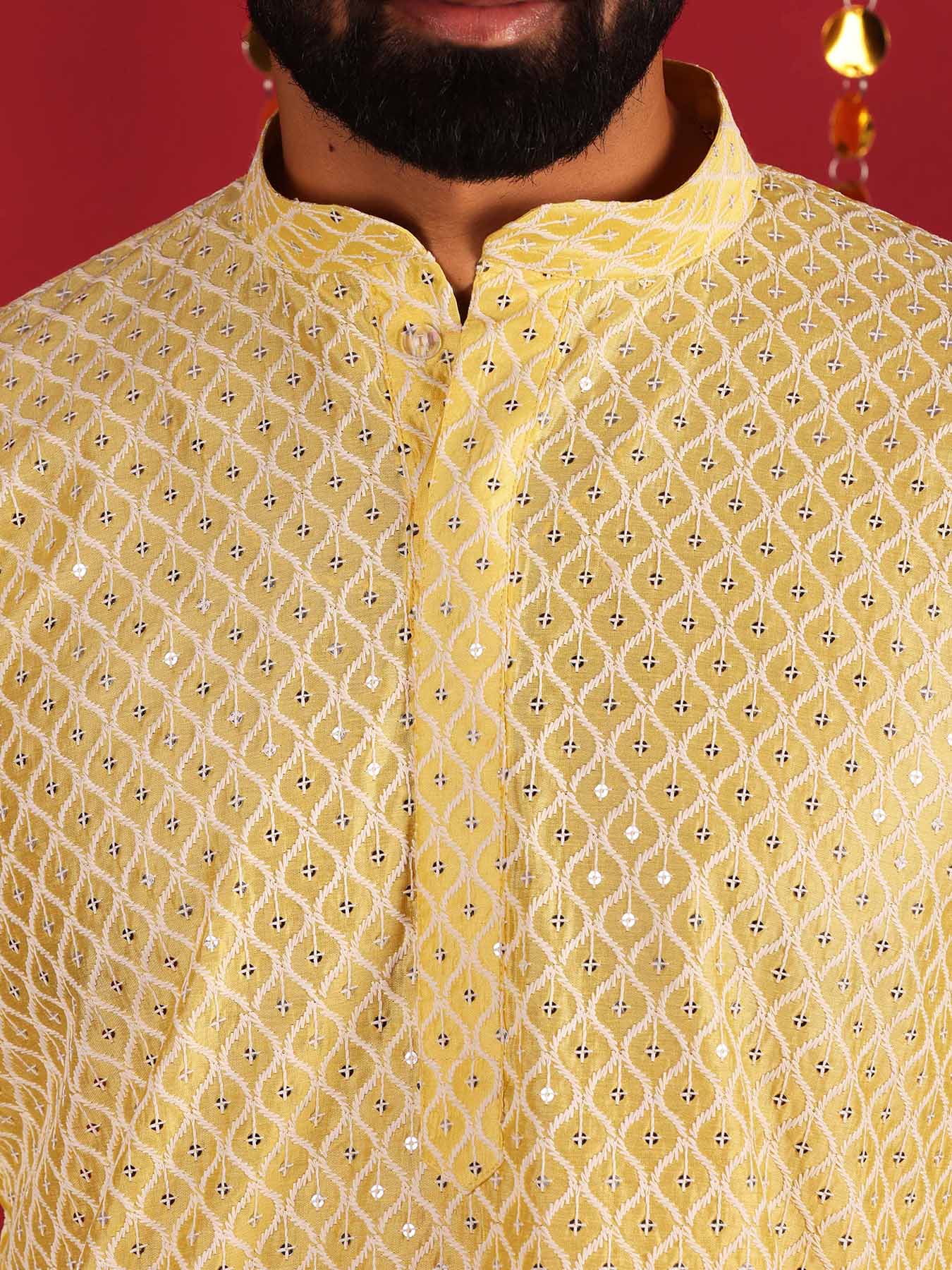 Yellow Ethnic Motifs Embroidered Mirror Work Cotton Kurta