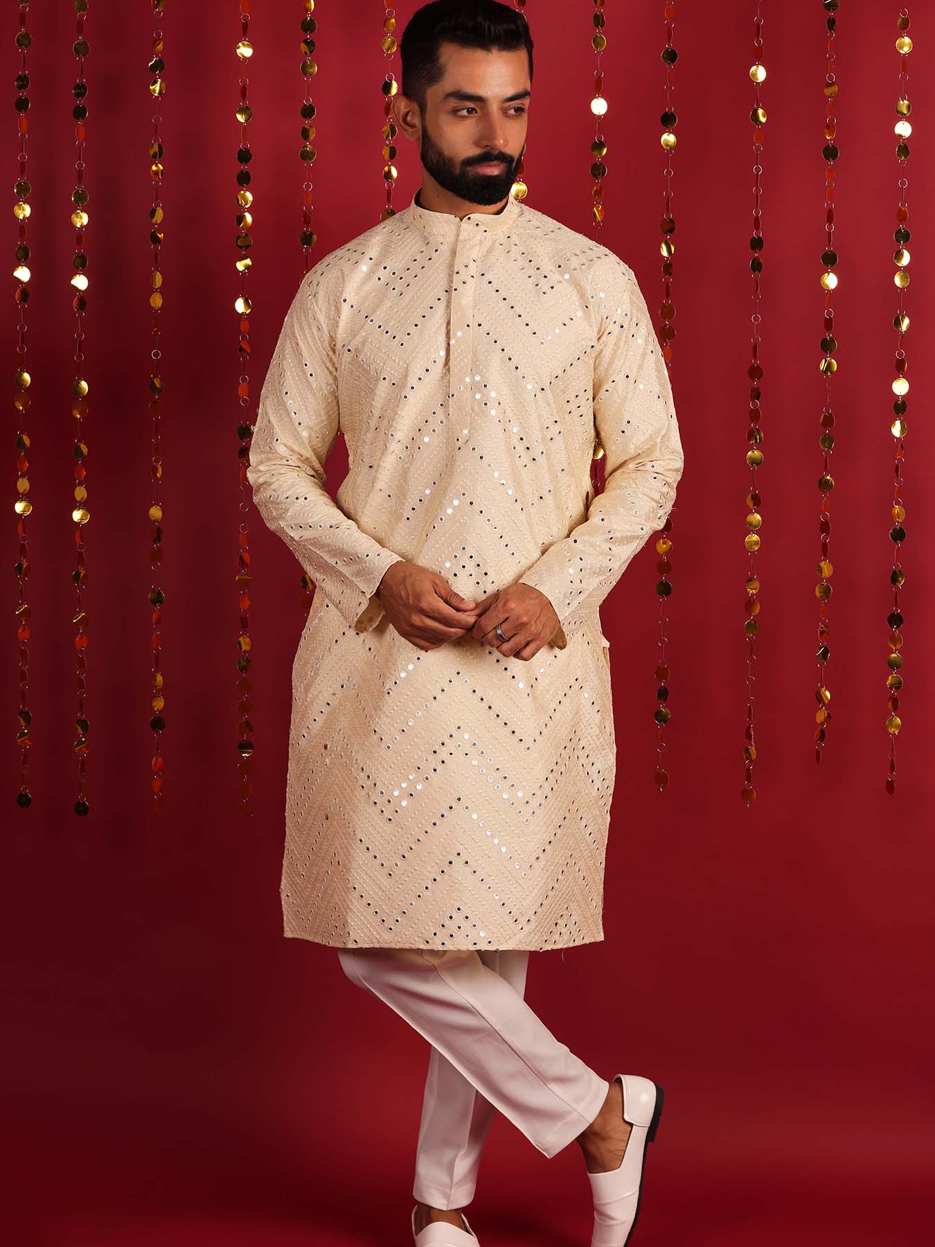 Men Ethnic Motifs Embroidered Mirror work Silk Kurta