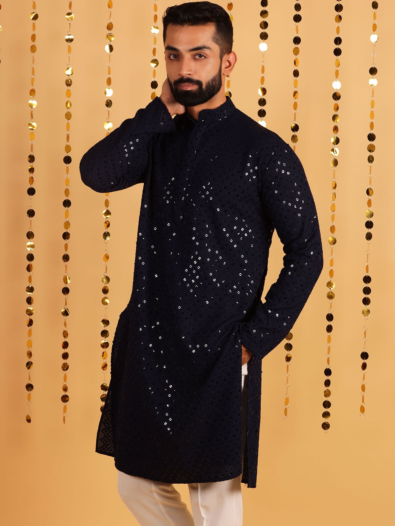 Classic Navy Blue Geometric Embroidered Cotton Kurta