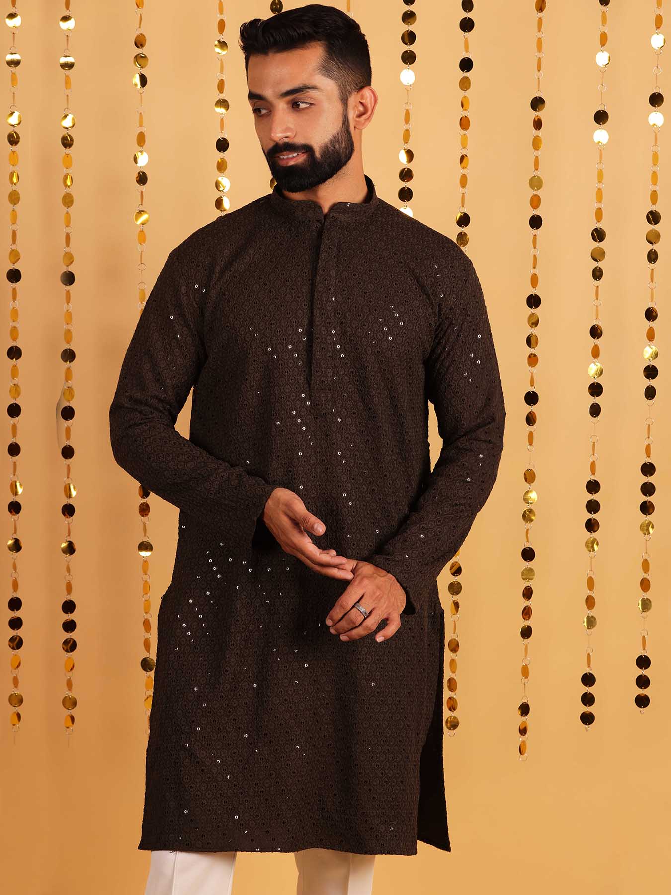 Men Brown Mandarin Collar Cotton Kurta