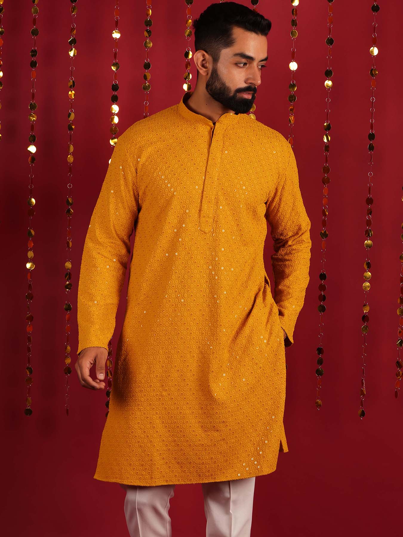 Men Mustard Long Sleeves Regular Cotton Kurtas