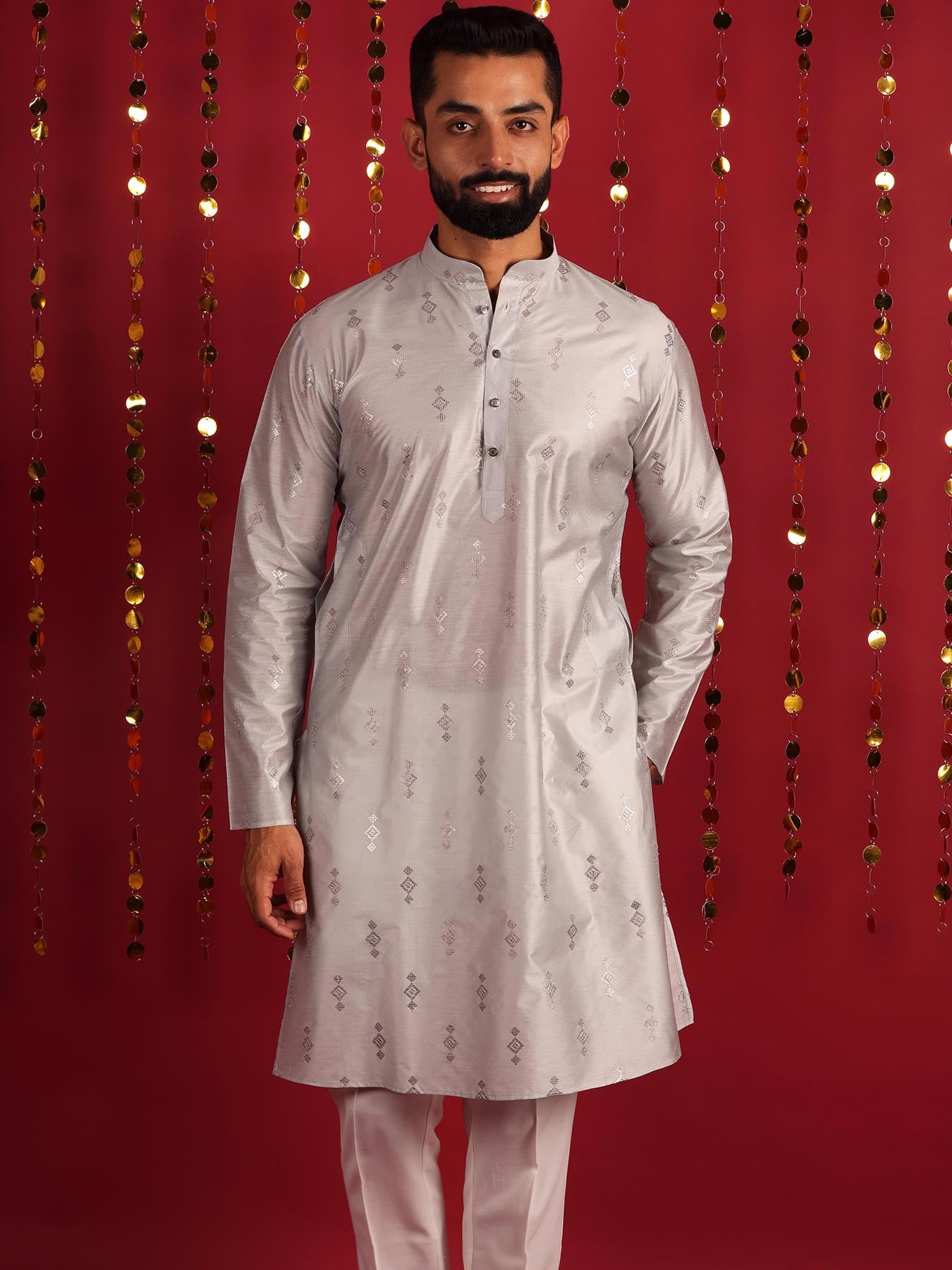 Men Ethnic Motifs Mirror Work Design Silk Cotton Kurta