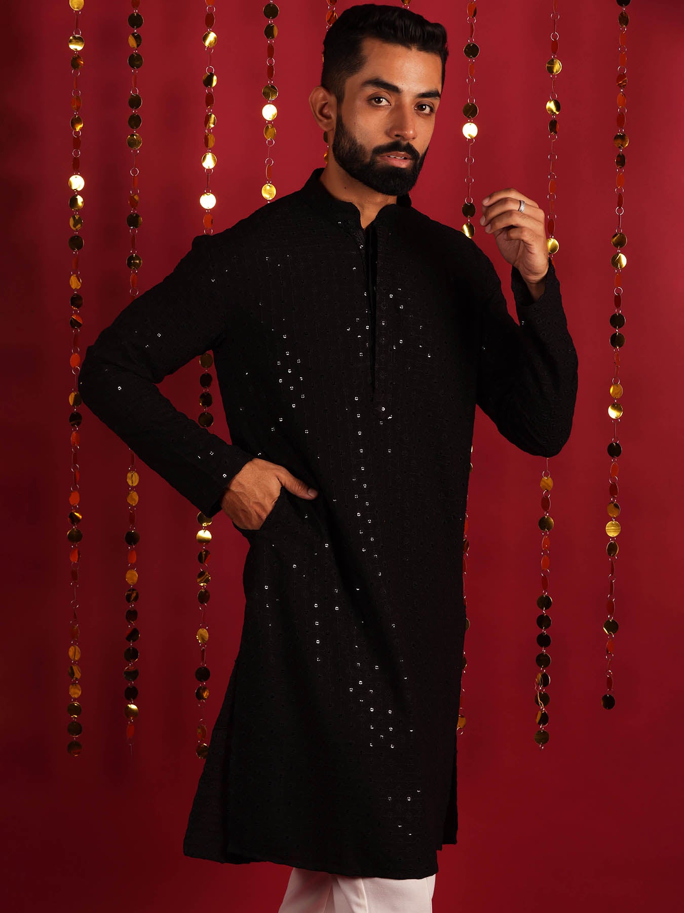 Black Geometric Thread Work Cotton Kurta