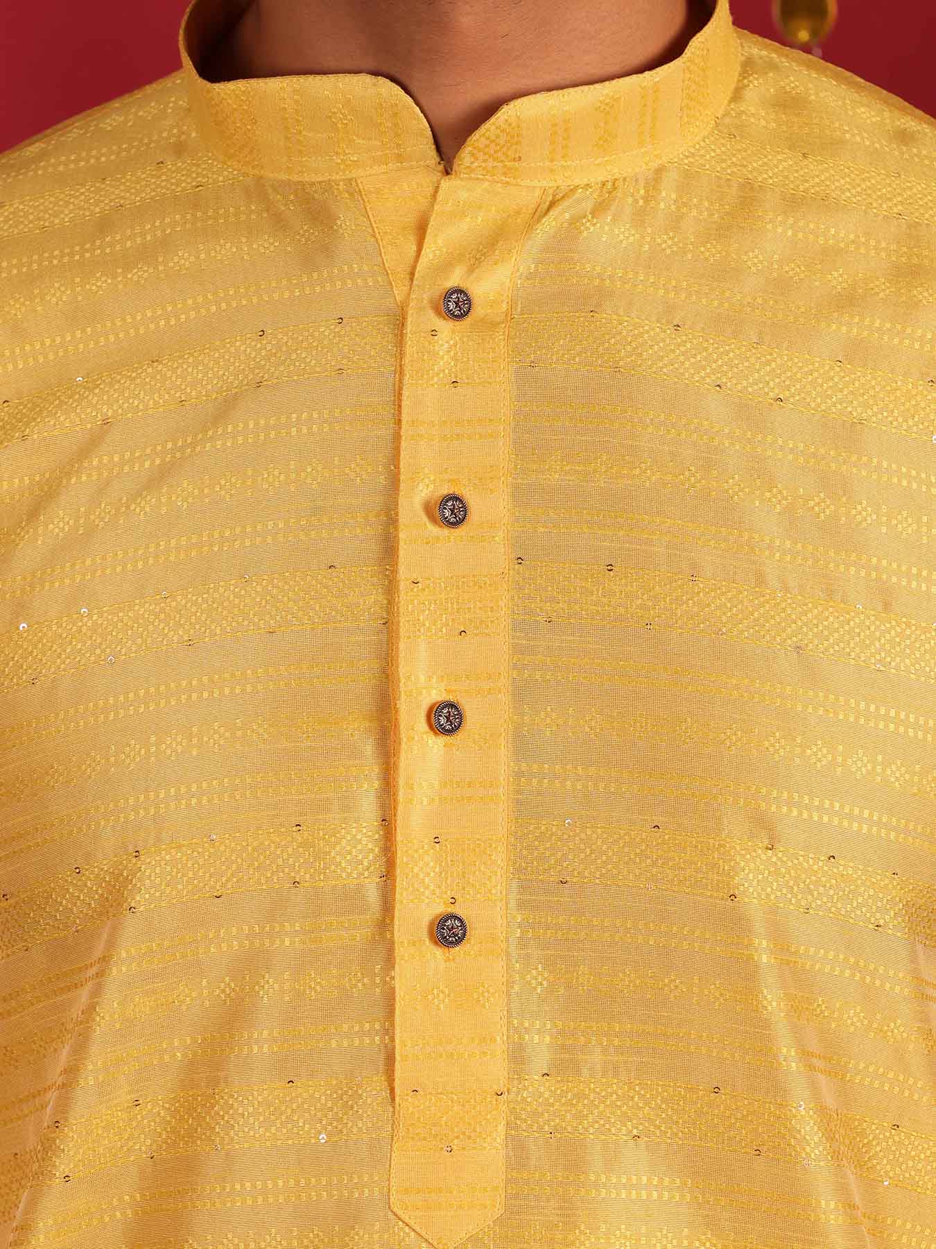 Yellow Woven Design Mandarin Collar Silk Straight Kurta