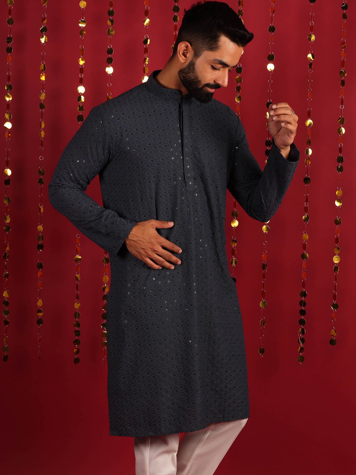 Men Grey Geometric Mandarin Collar Cotton Kurta