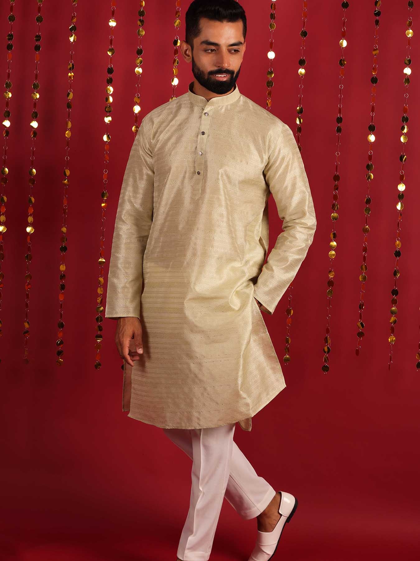 Beige Woven Design Mandarin Collar Silk Cotton Kurta