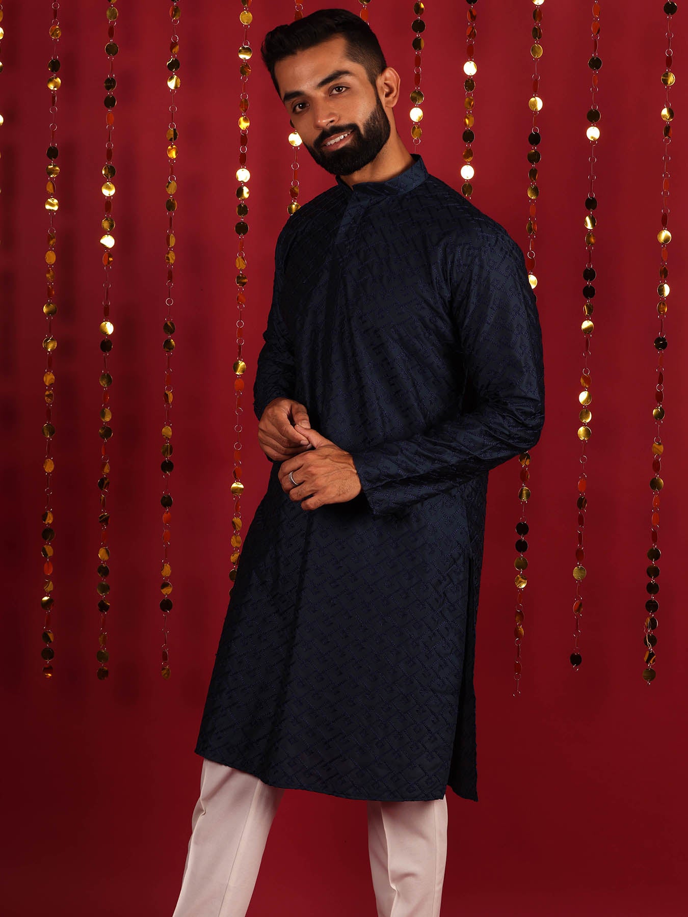 Navy Blue Motifs Thread Work Cotton Kurta