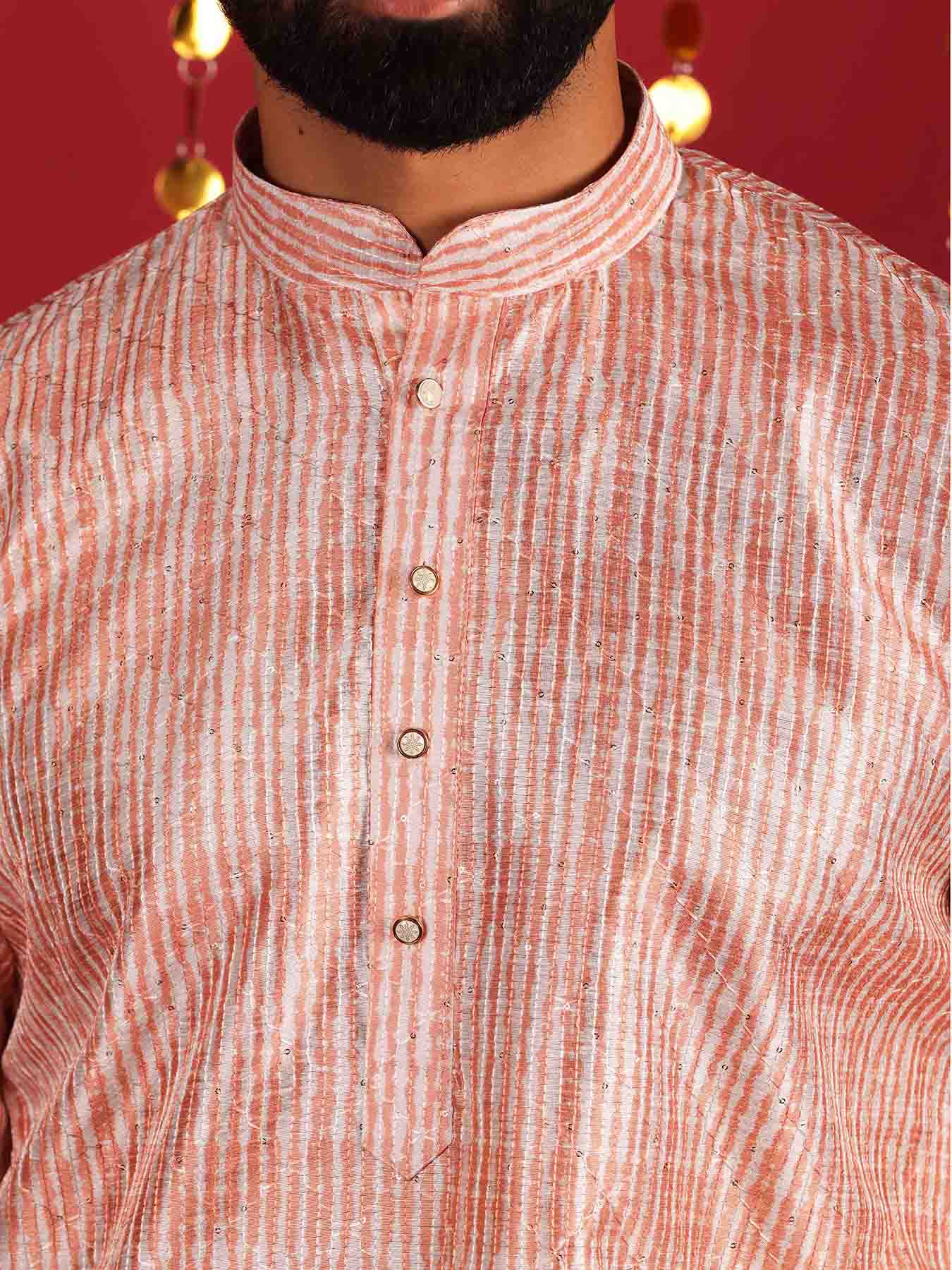 Woven Design Mandarin Collar Regular Silk Kurta