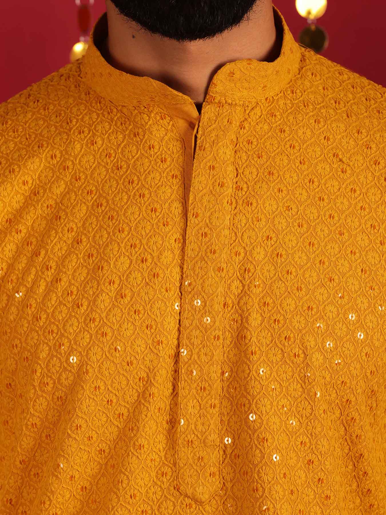 Men Mustard Long Sleeves Regular Cotton Kurtas