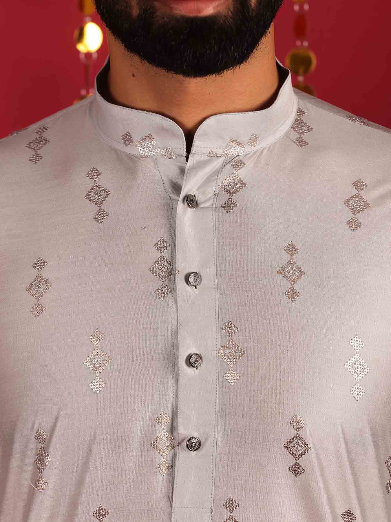 Men Ethnic Motifs Mirror Work Design Silk Cotton Kurta