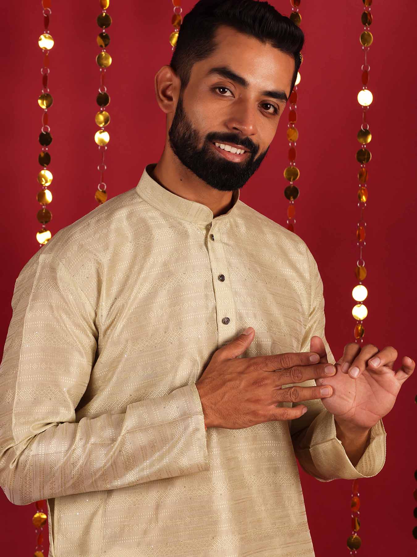 Beige Woven Design Mandarin Collar Silk Cotton Kurta