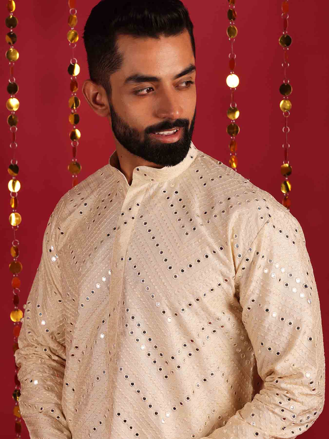 Men Ethnic Motifs Embroidered Mirror work Silk Kurta