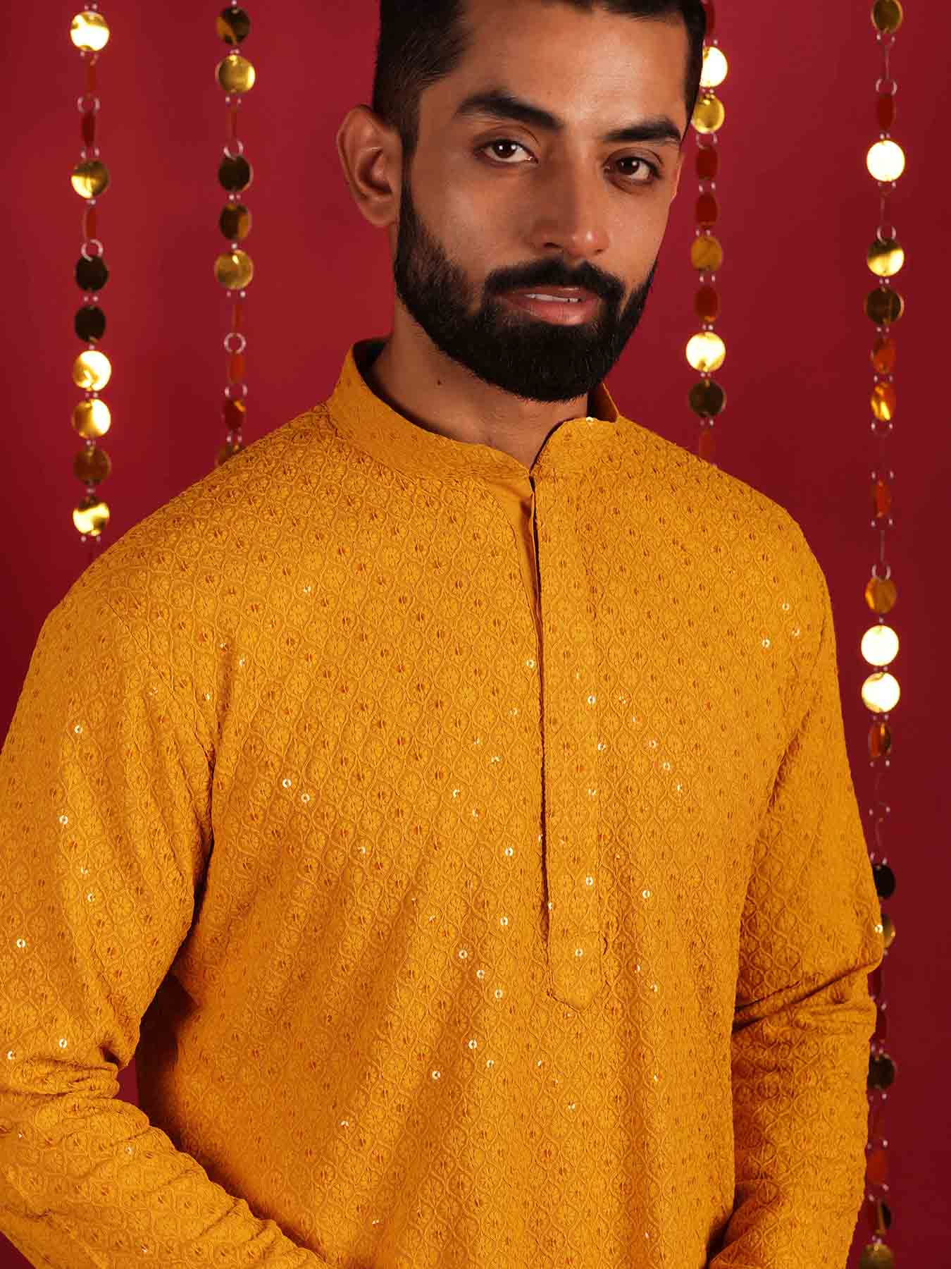 Men Mustard Long Sleeves Regular Cotton Kurtas