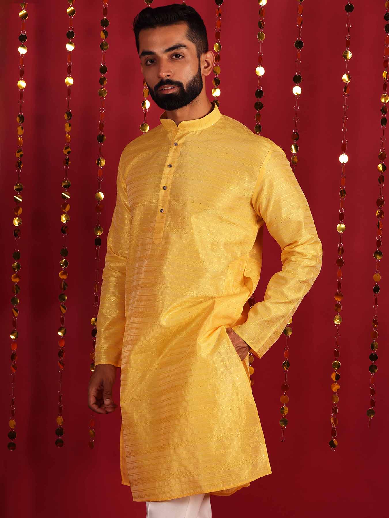 Yellow Woven Design Mandarin Collar Silk Straight Kurta