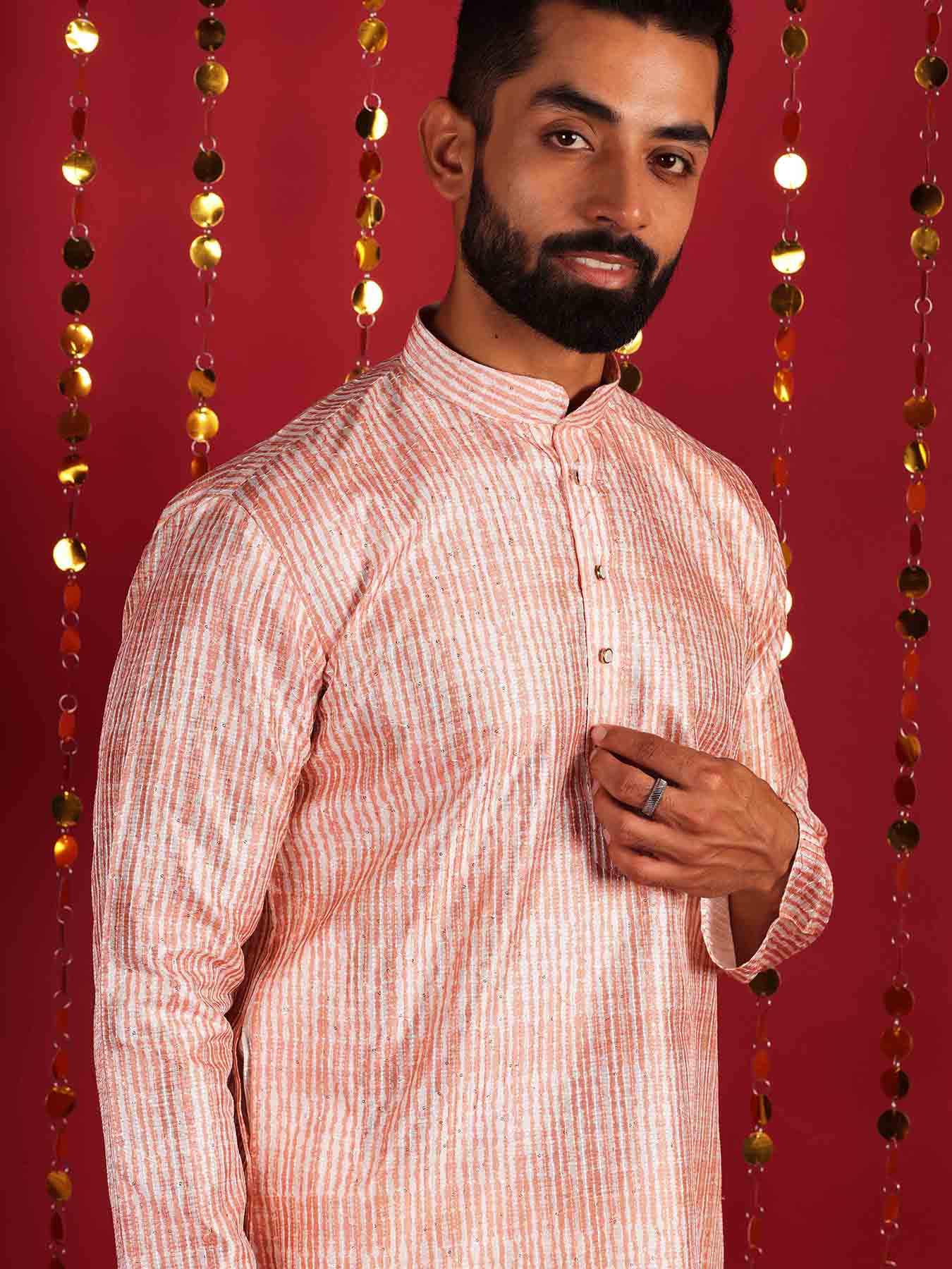 Woven Design Mandarin Collar Regular Silk Kurta