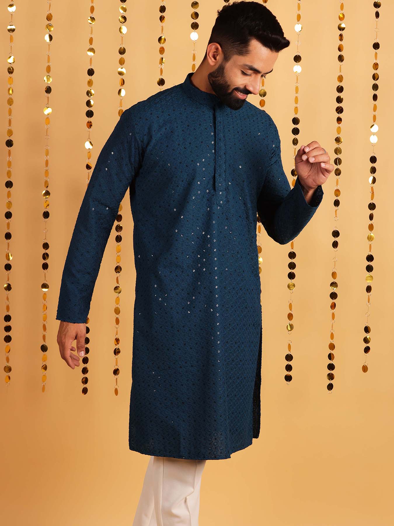 Men Teal Blue Ethnic Motif Embroidered Pure Cotton Kurta