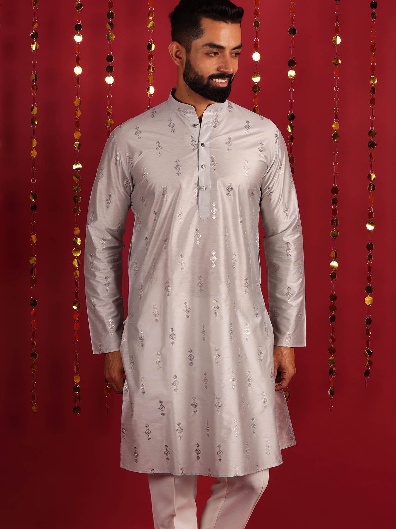 Men Ethnic Motifs Mirror Work Design Silk Cotton Kurta