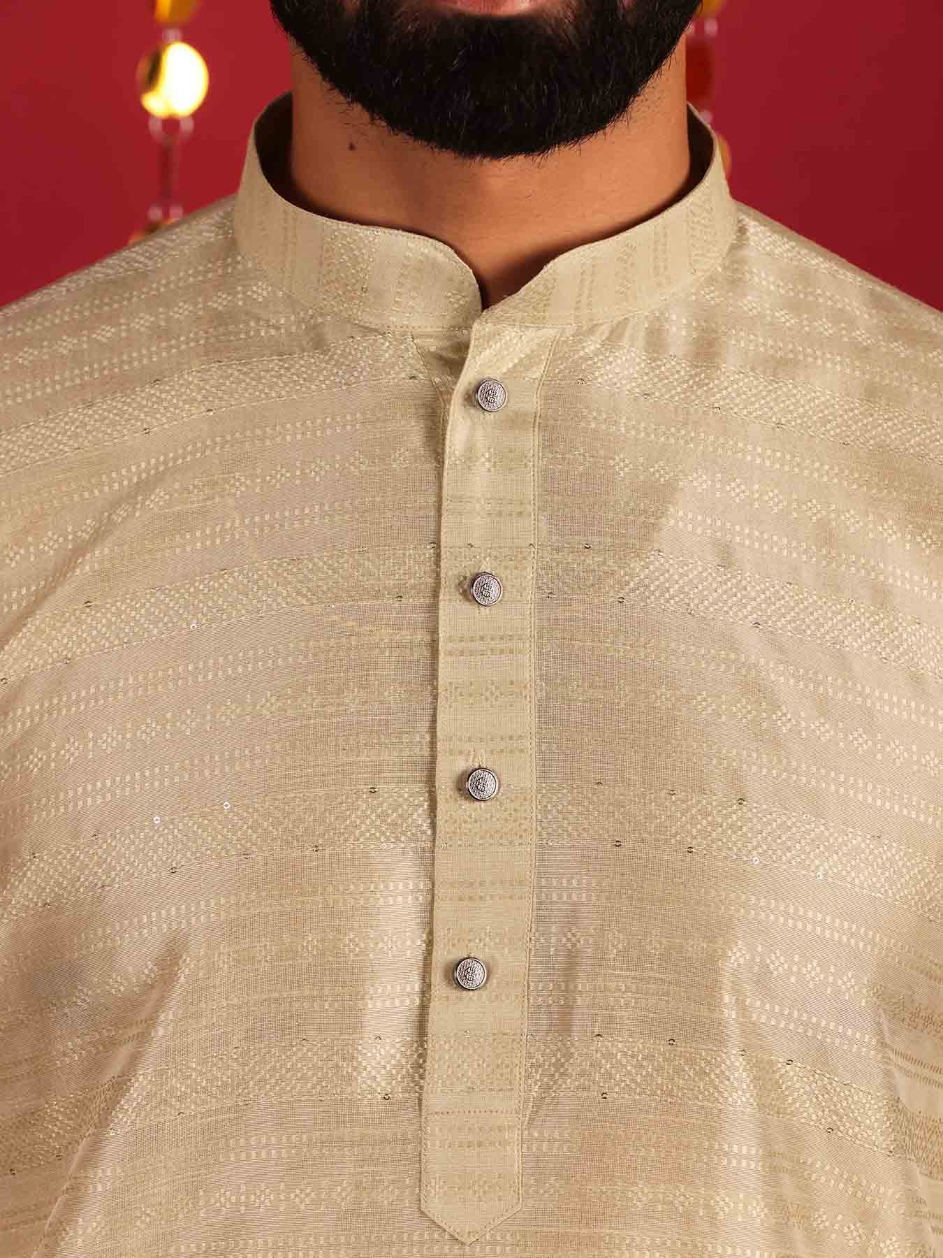 Beige Woven Design Mandarin Collar Silk Cotton Kurta