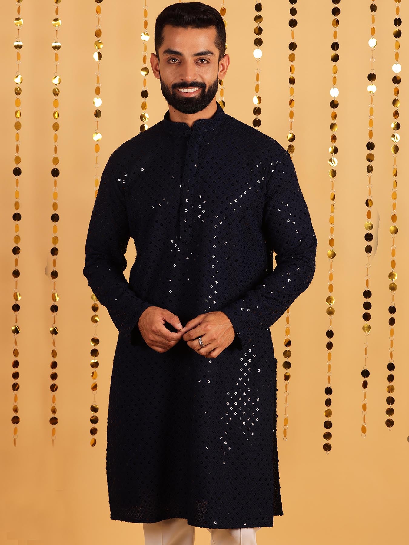 Classic Navy Blue Geometric Embroidered Cotton Kurta