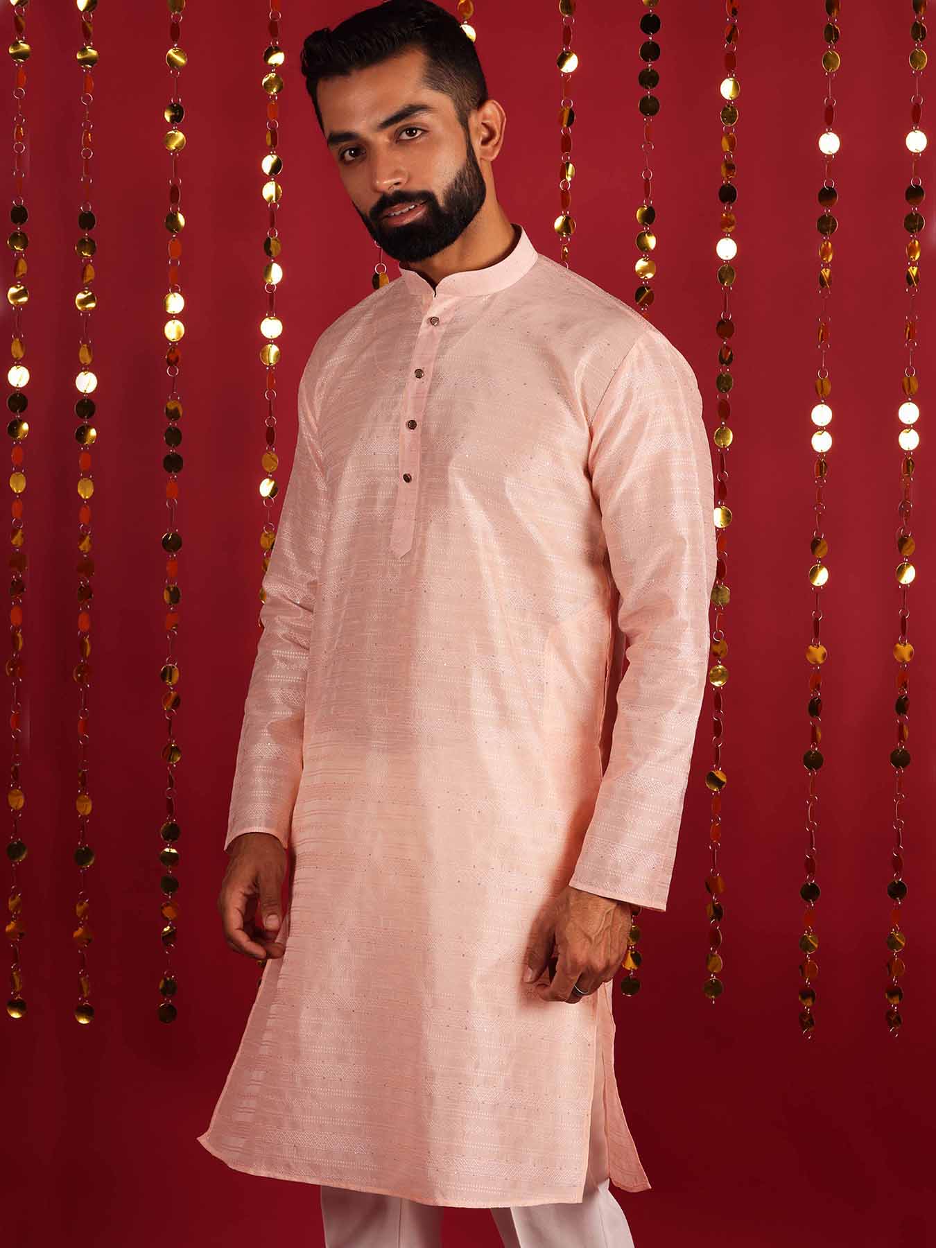 Men Light Peach Dupion Silk Mirror Work Straight Kurta