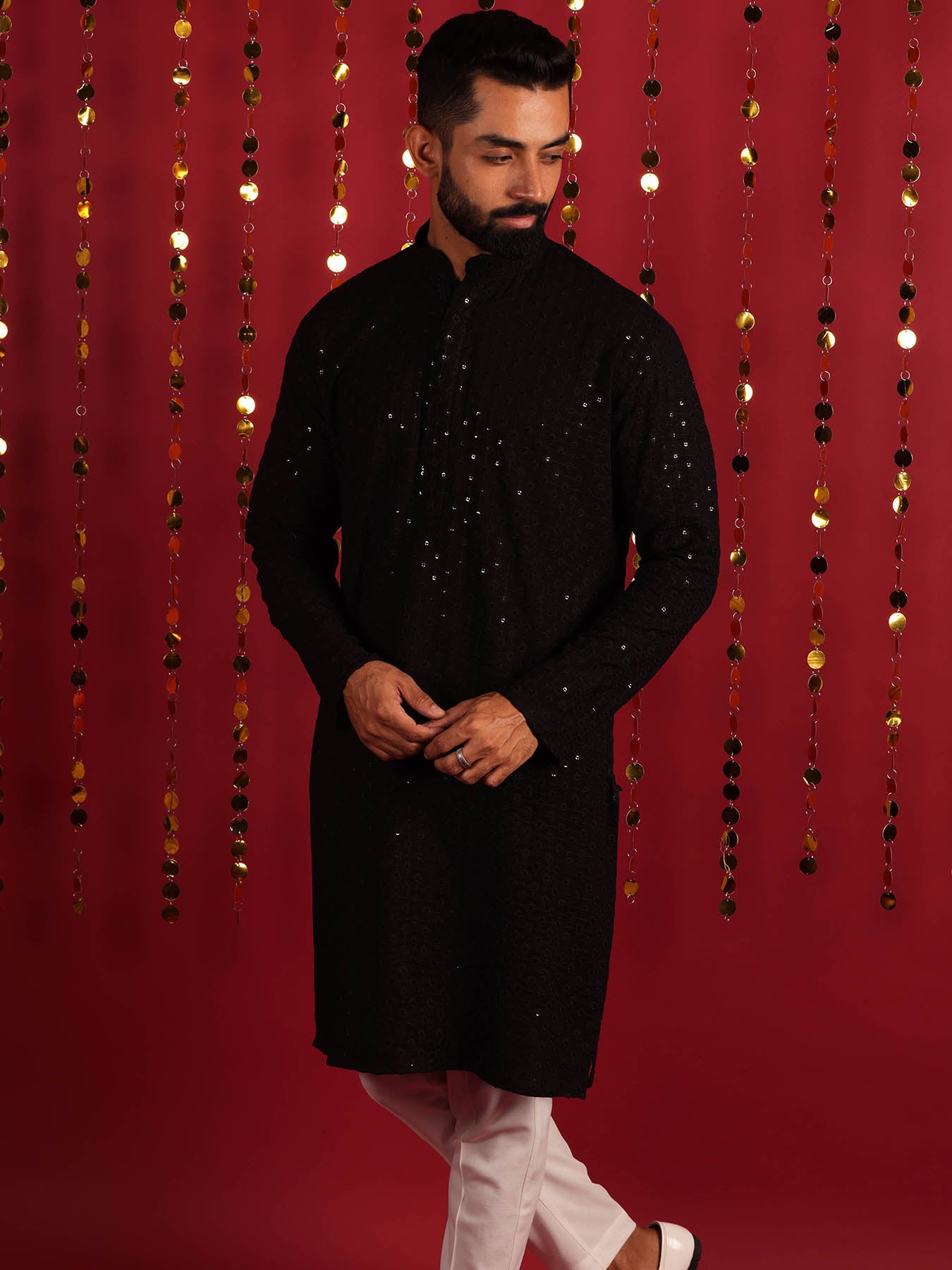 Black Geometric Thread Work Cotton Kurta