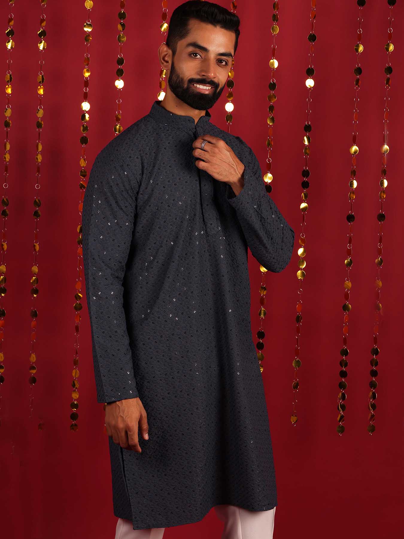 Men Grey Geometric Mandarin Collar Cotton Kurta