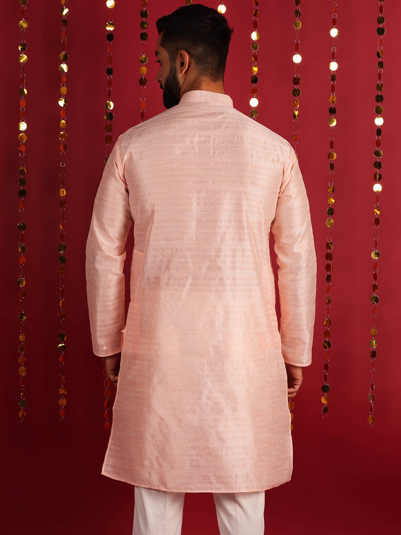 Men Light Peach Dupion Silk Mirror Work Straight Kurta