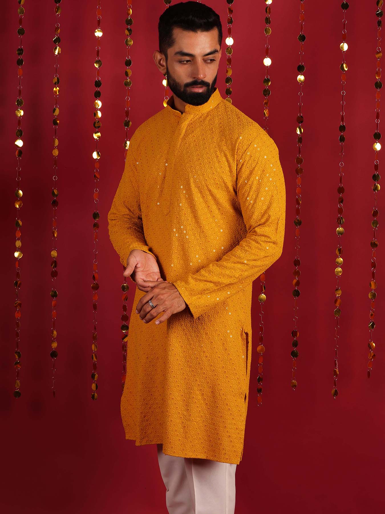 Men Mustard Long Sleeves Regular Cotton Kurtas