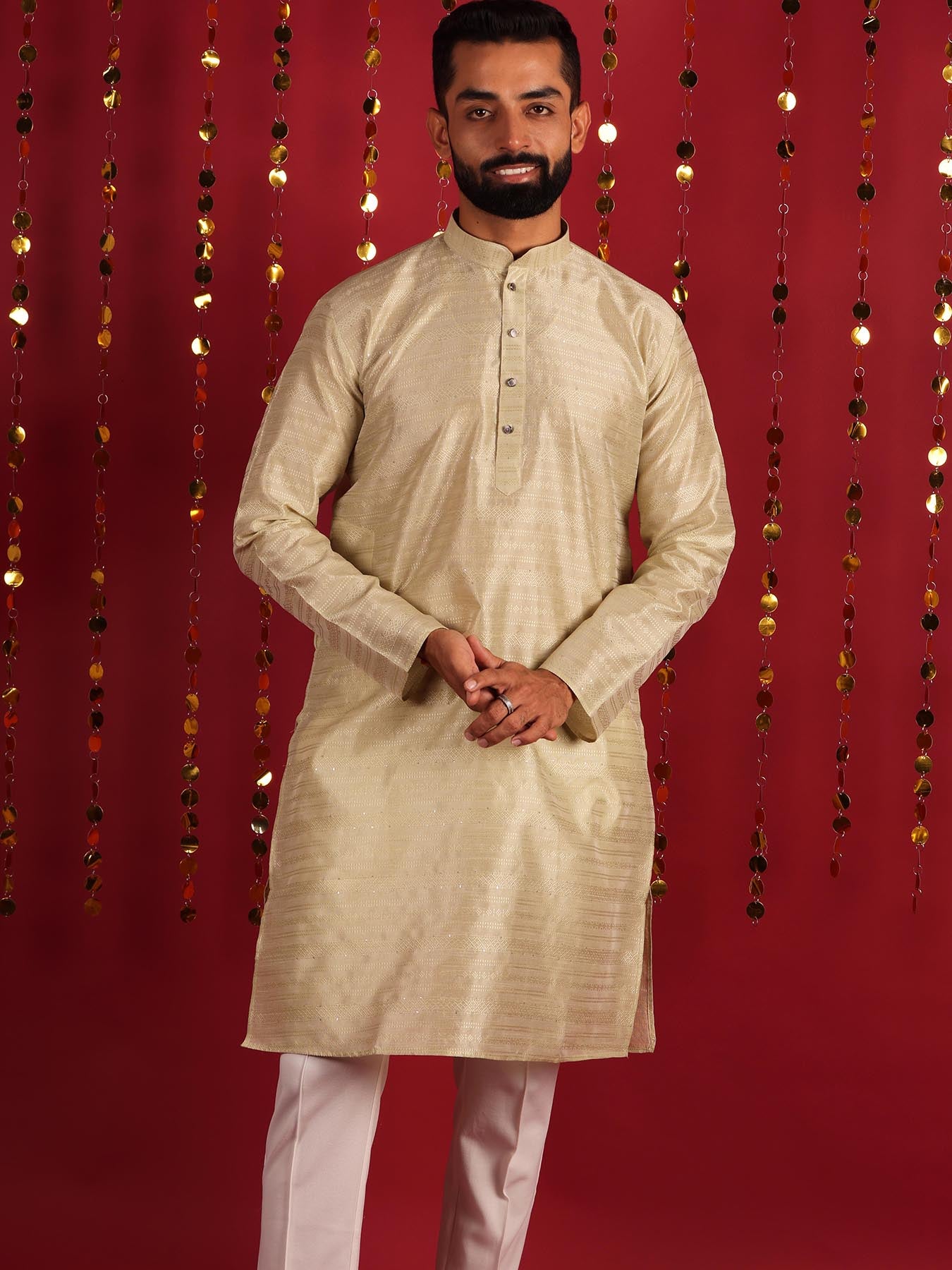 Beige Woven Design Mandarin Collar Silk Cotton Kurta