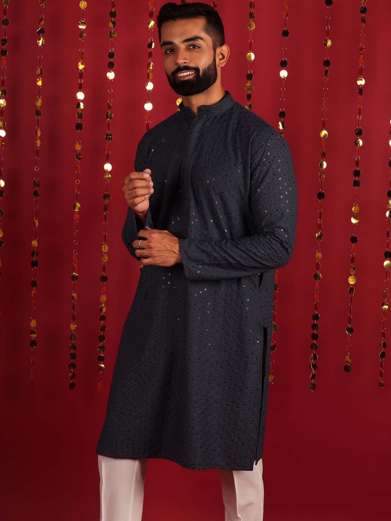 Men Grey Geometric Mandarin Collar Cotton Kurta