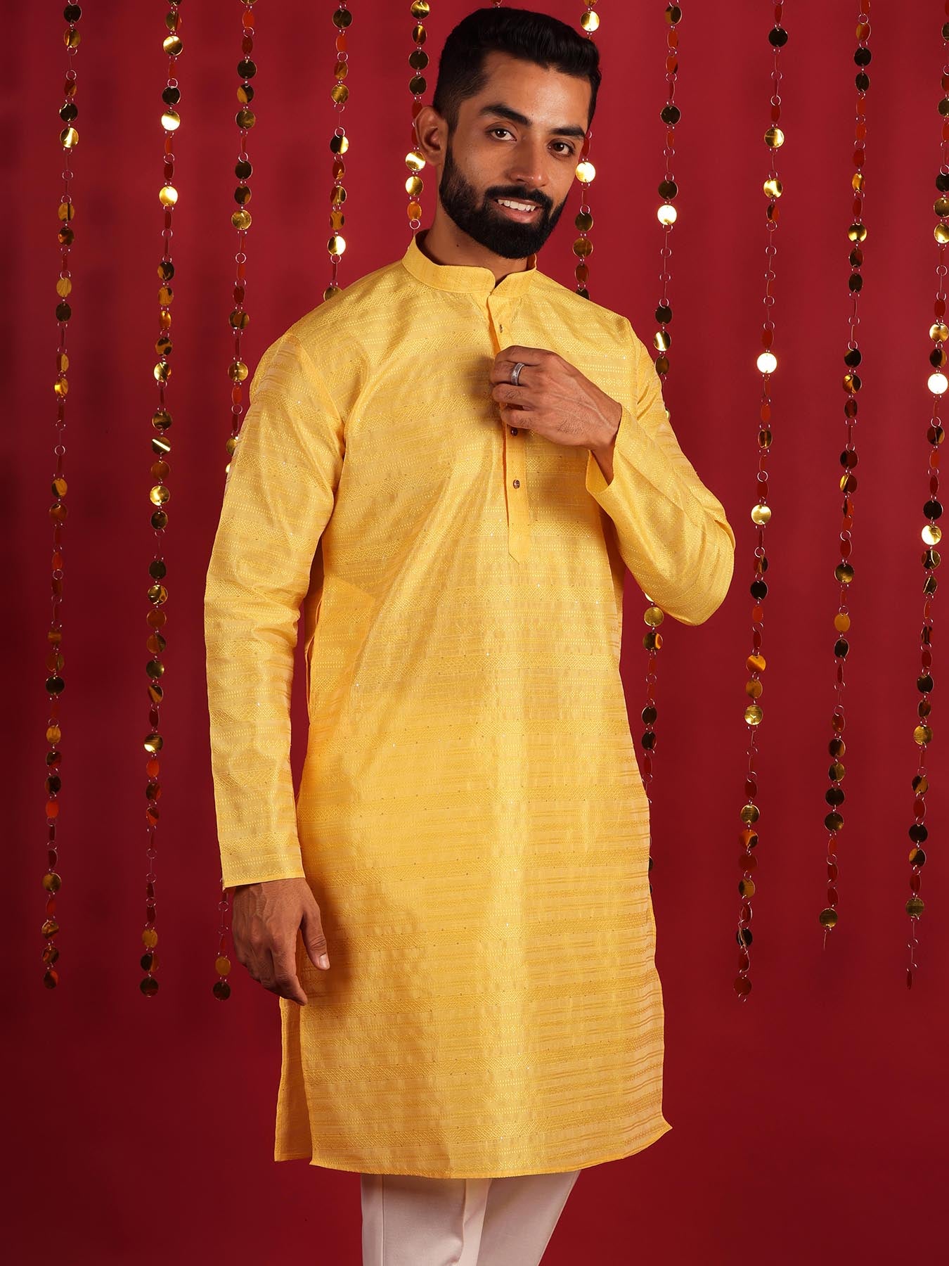 Yellow Woven Design Mandarin Collar Silk Straight Kurta