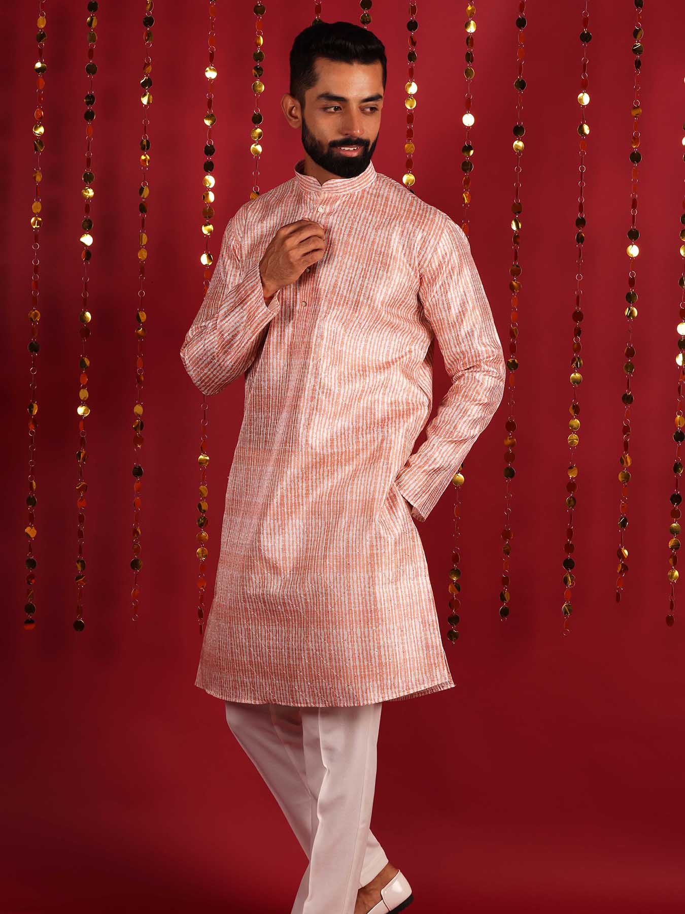 Woven Design Mandarin Collar Regular Silk Kurta