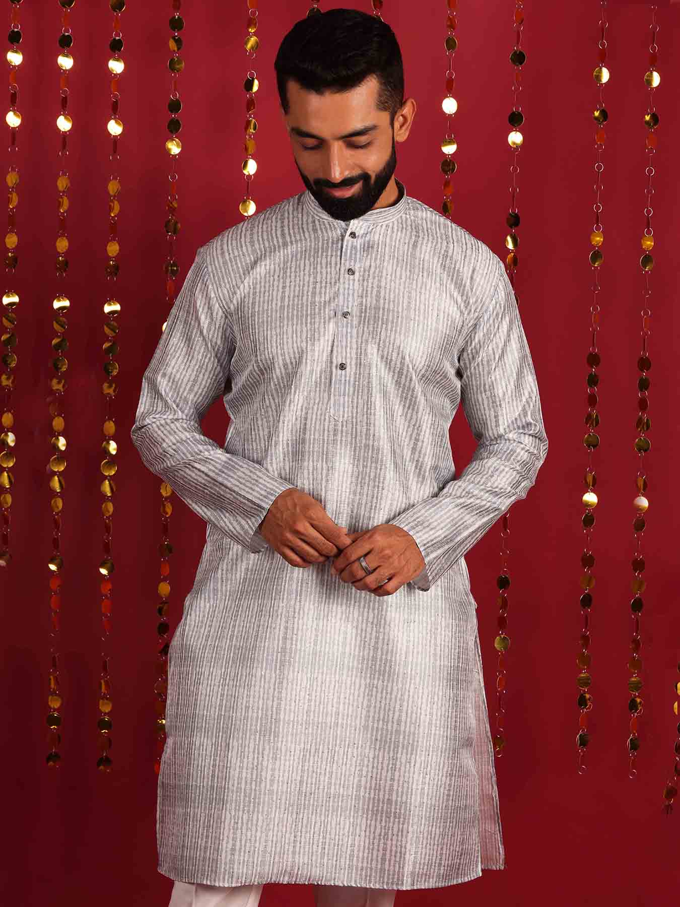 Men Grey Geometric Mirror Work Sillk Cotton Kurta