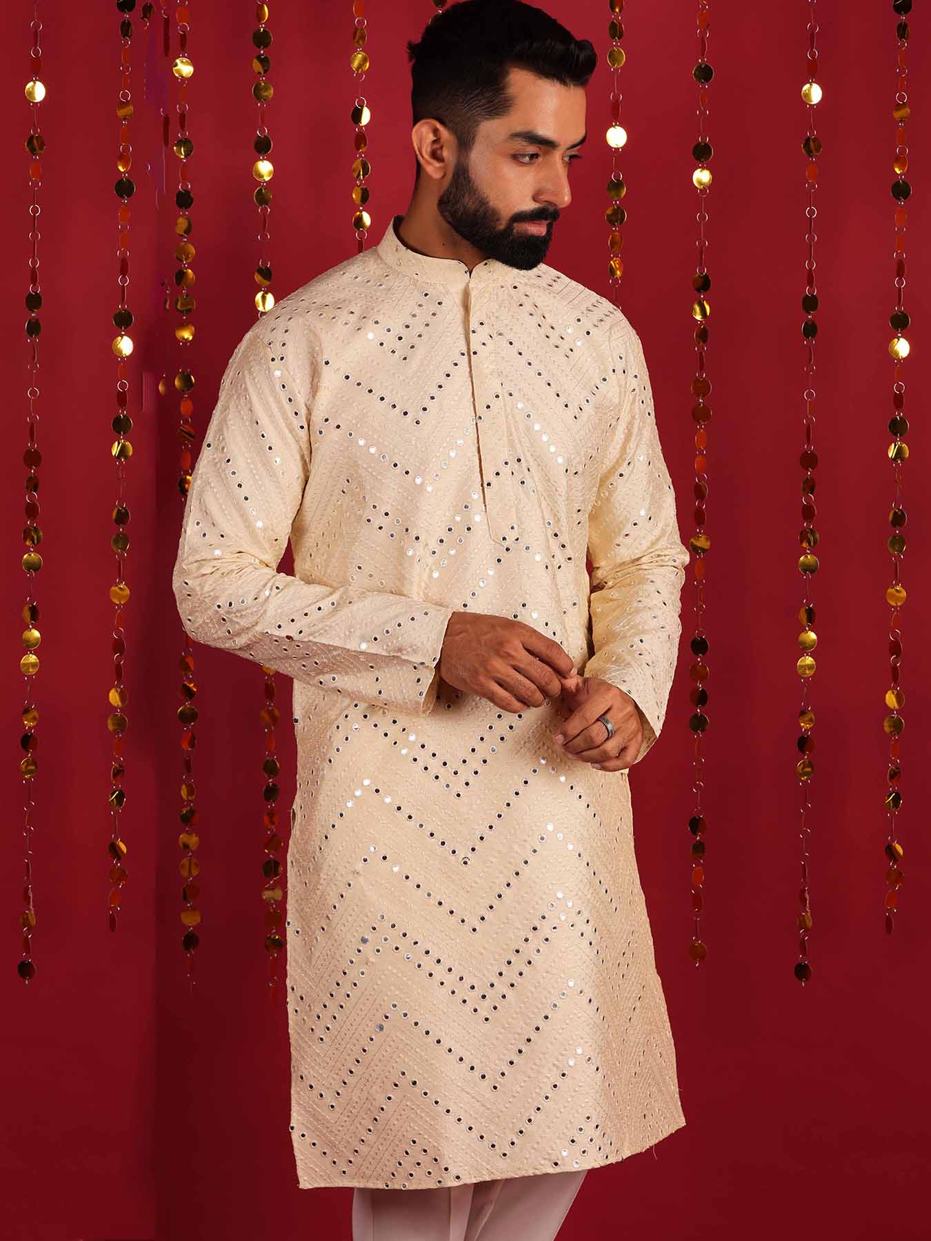 Men Ethnic Motifs Embroidered Mirror work Silk Kurta