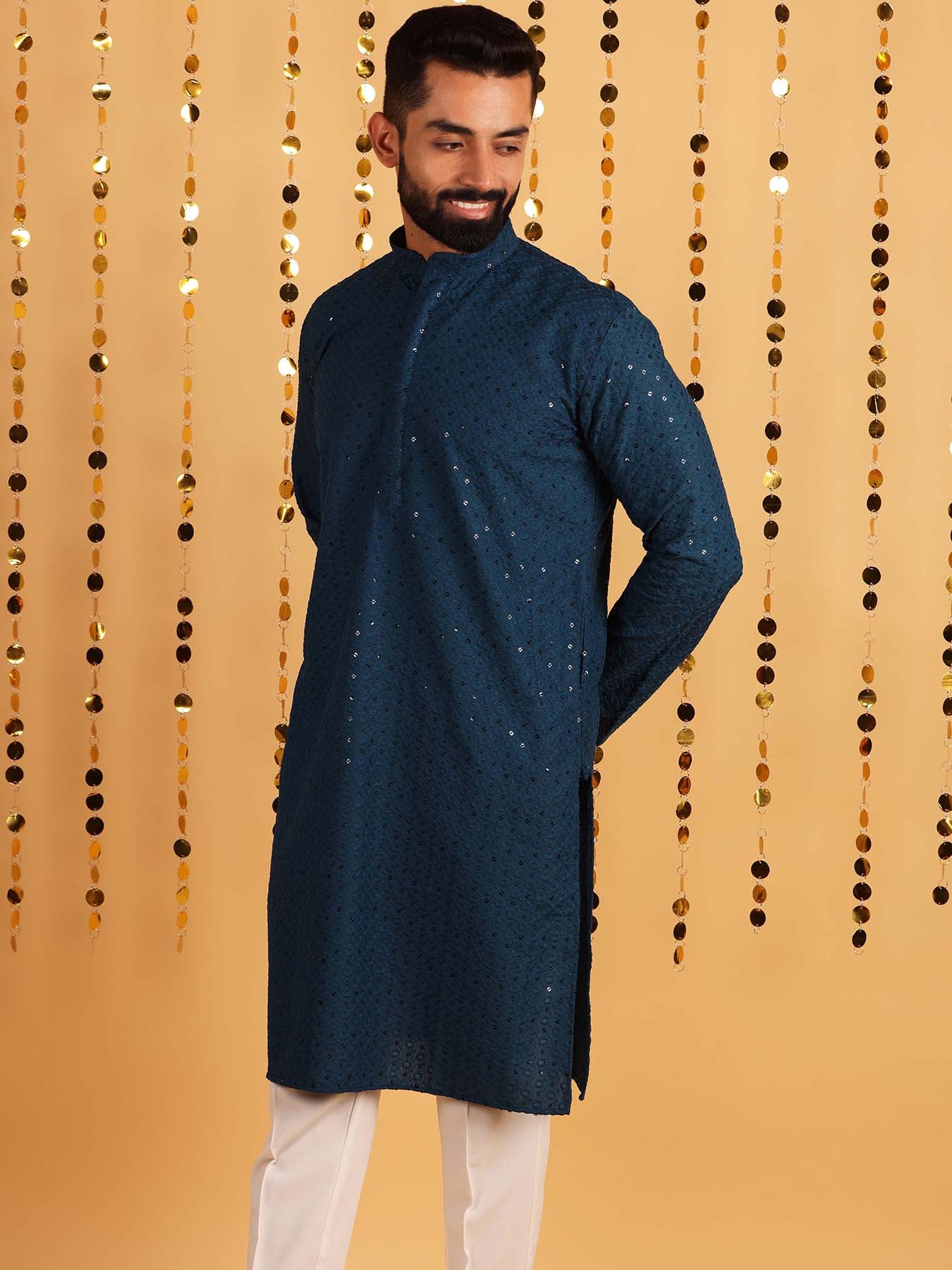 Men Teal Blue Ethnic Motif Embroidered Pure Cotton Kurta