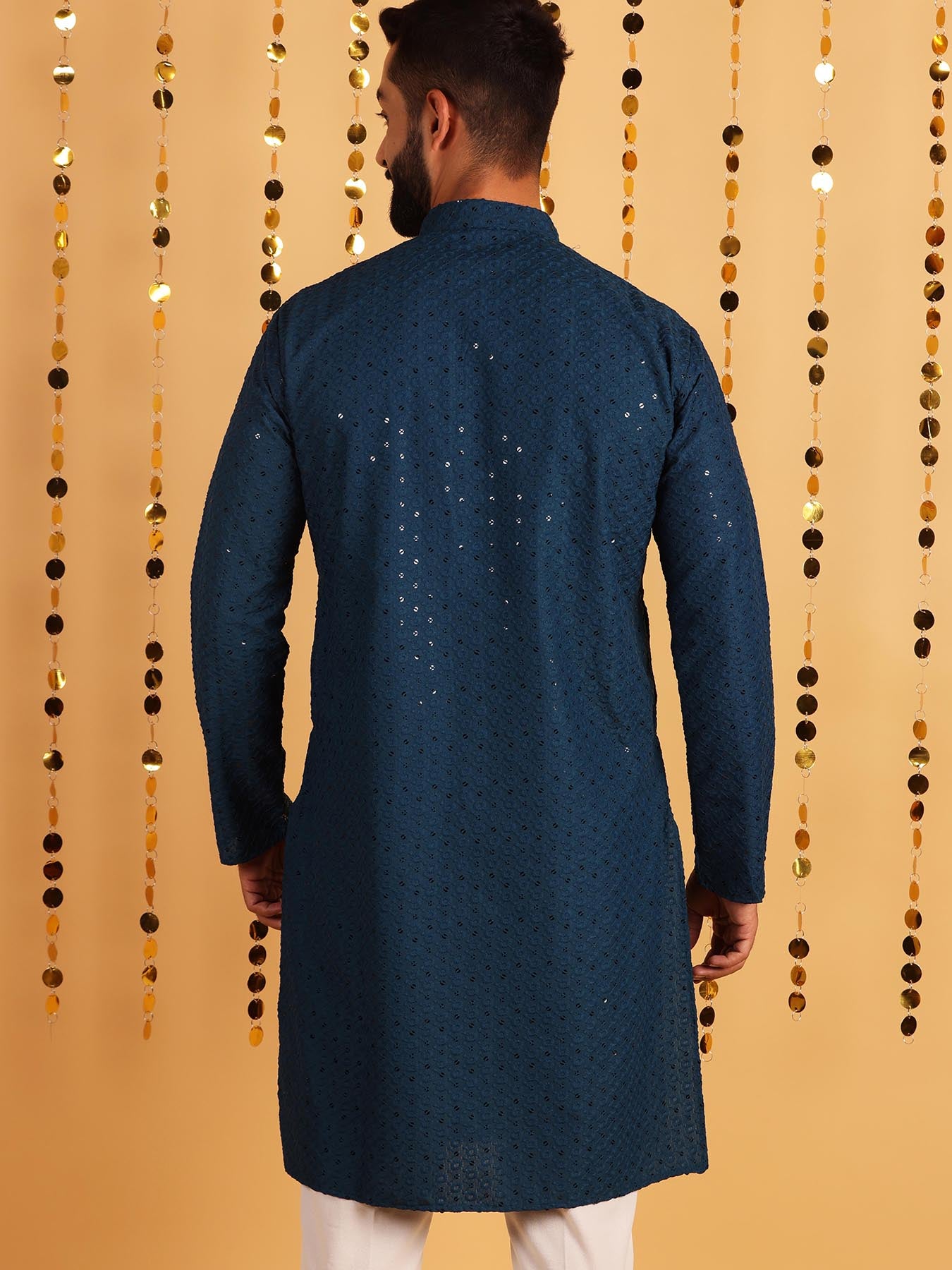 Men Teal Blue Ethnic Motif Embroidered Pure Cotton Kurta