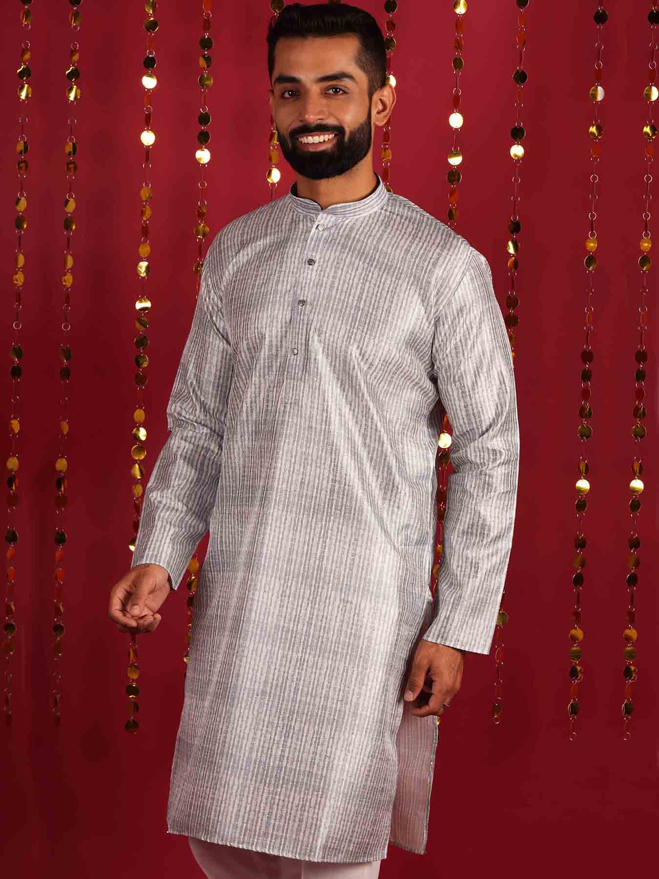 Men Grey Geometric Mirror Work Sillk Cotton Kurta