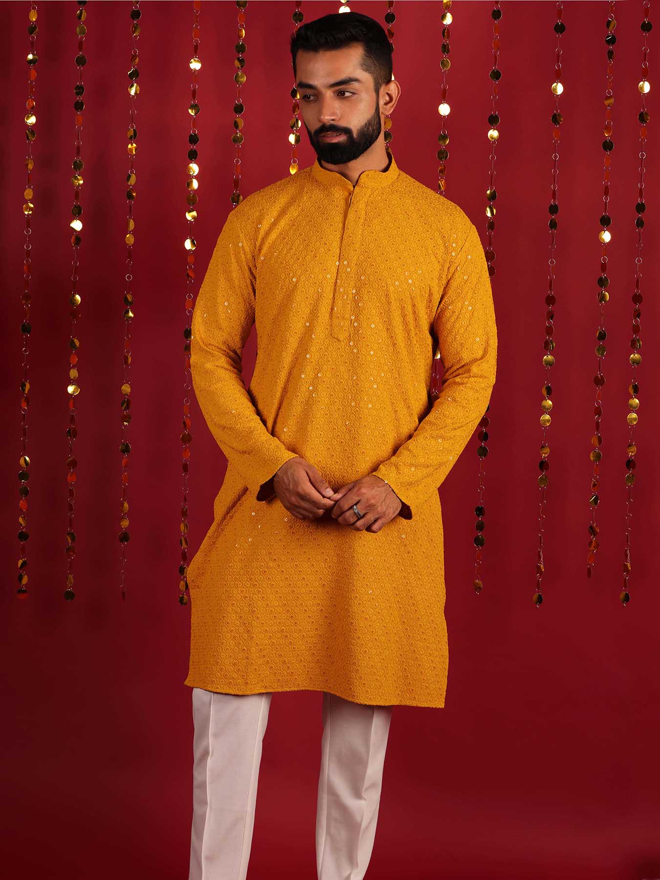 Men Mustard Long Sleeves Regular Cotton Kurtas