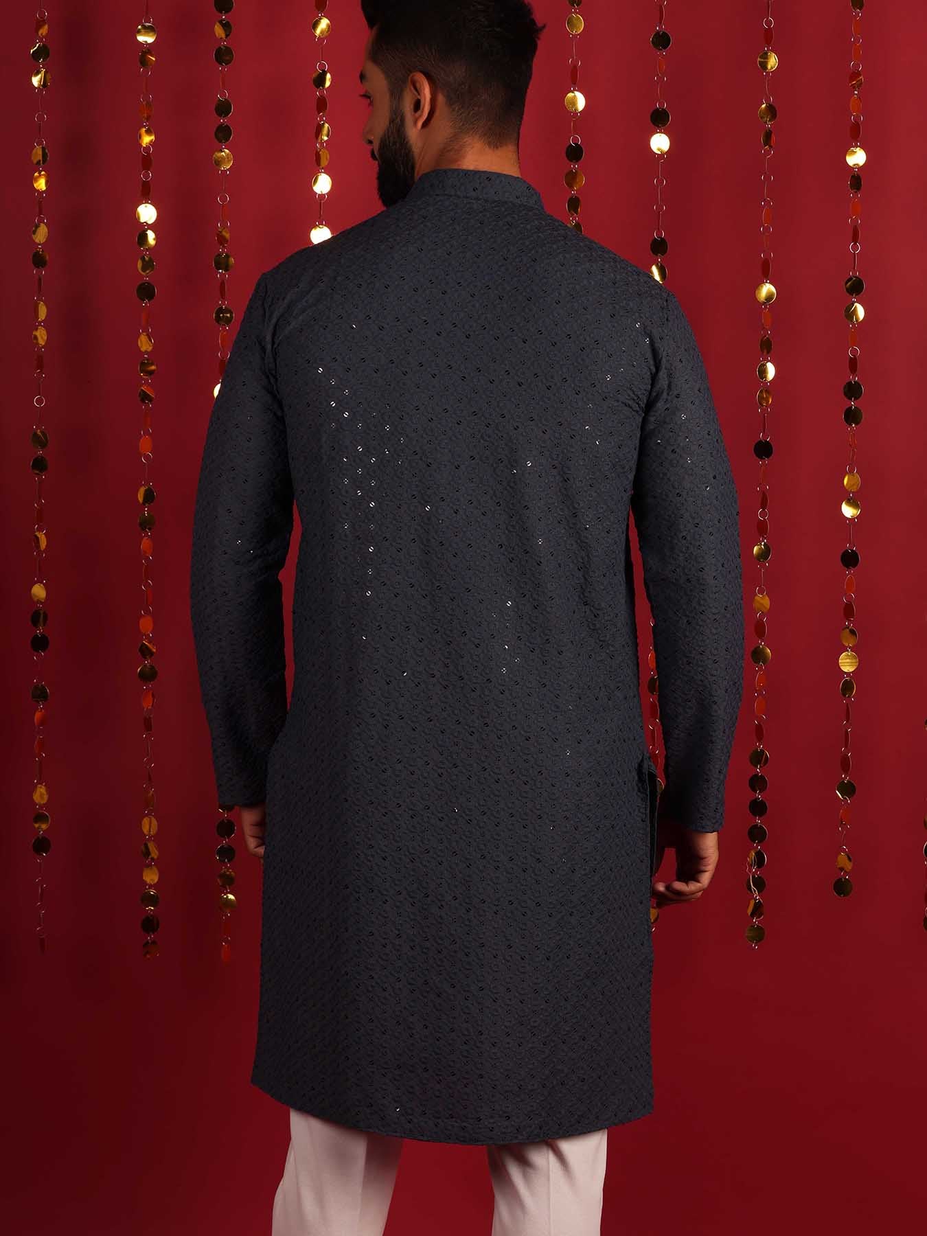 Men Grey Geometric Mandarin Collar Cotton Kurta