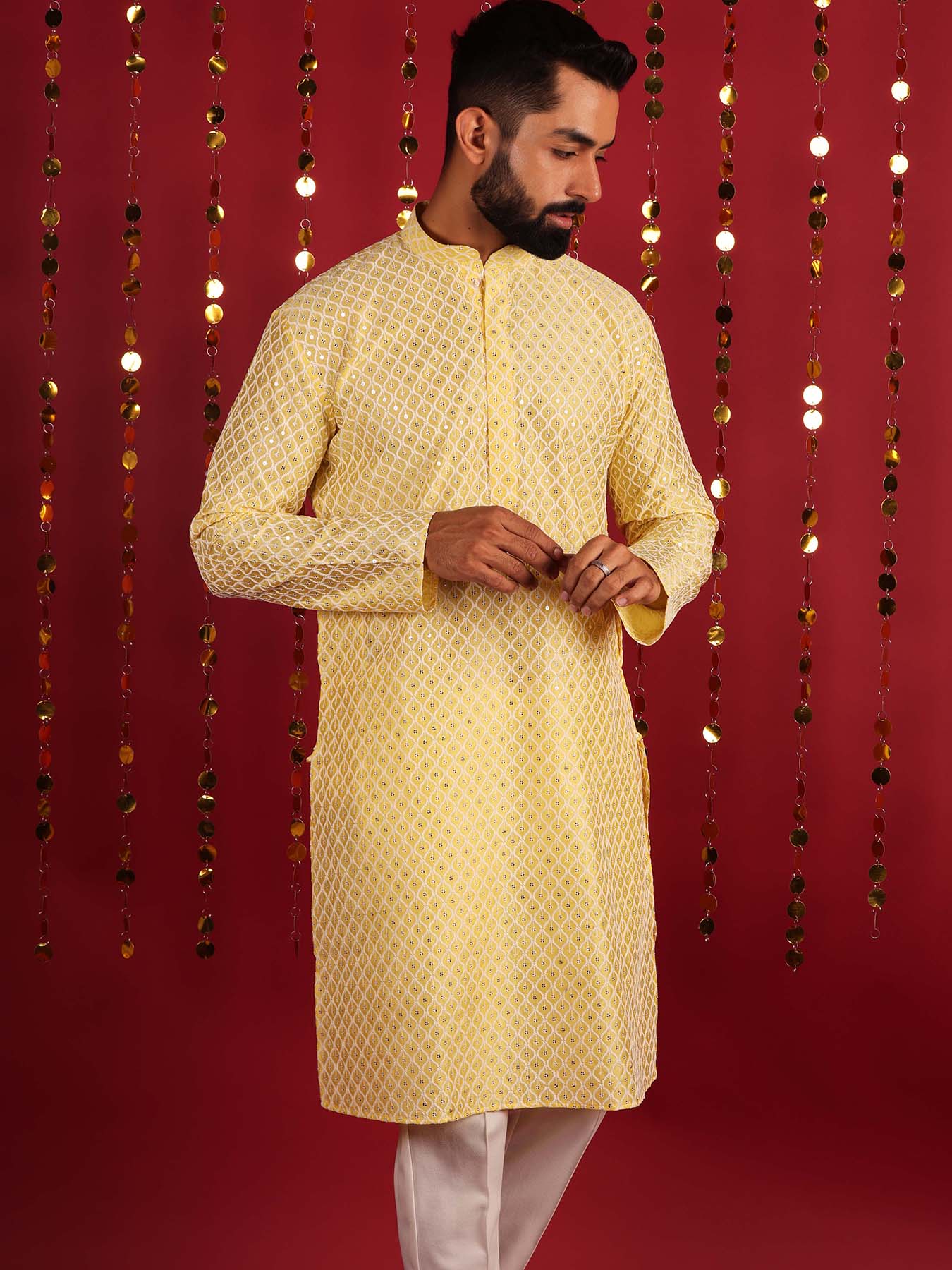 Yellow Ethnic Motifs Embroidered Mirror Work Cotton Kurta